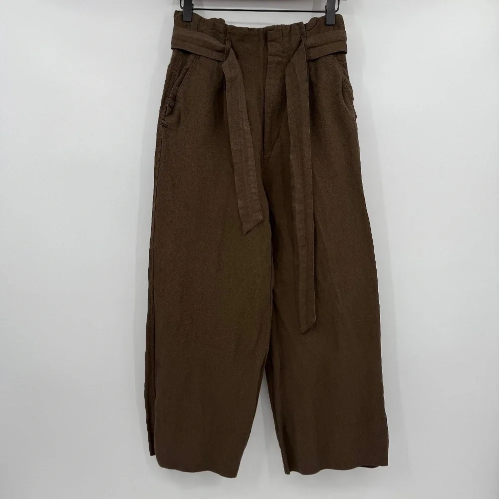 H&M Pants Women 4 Brown Wide Leg Paperbag Linen Blend Lagenlook Coastal Cropped